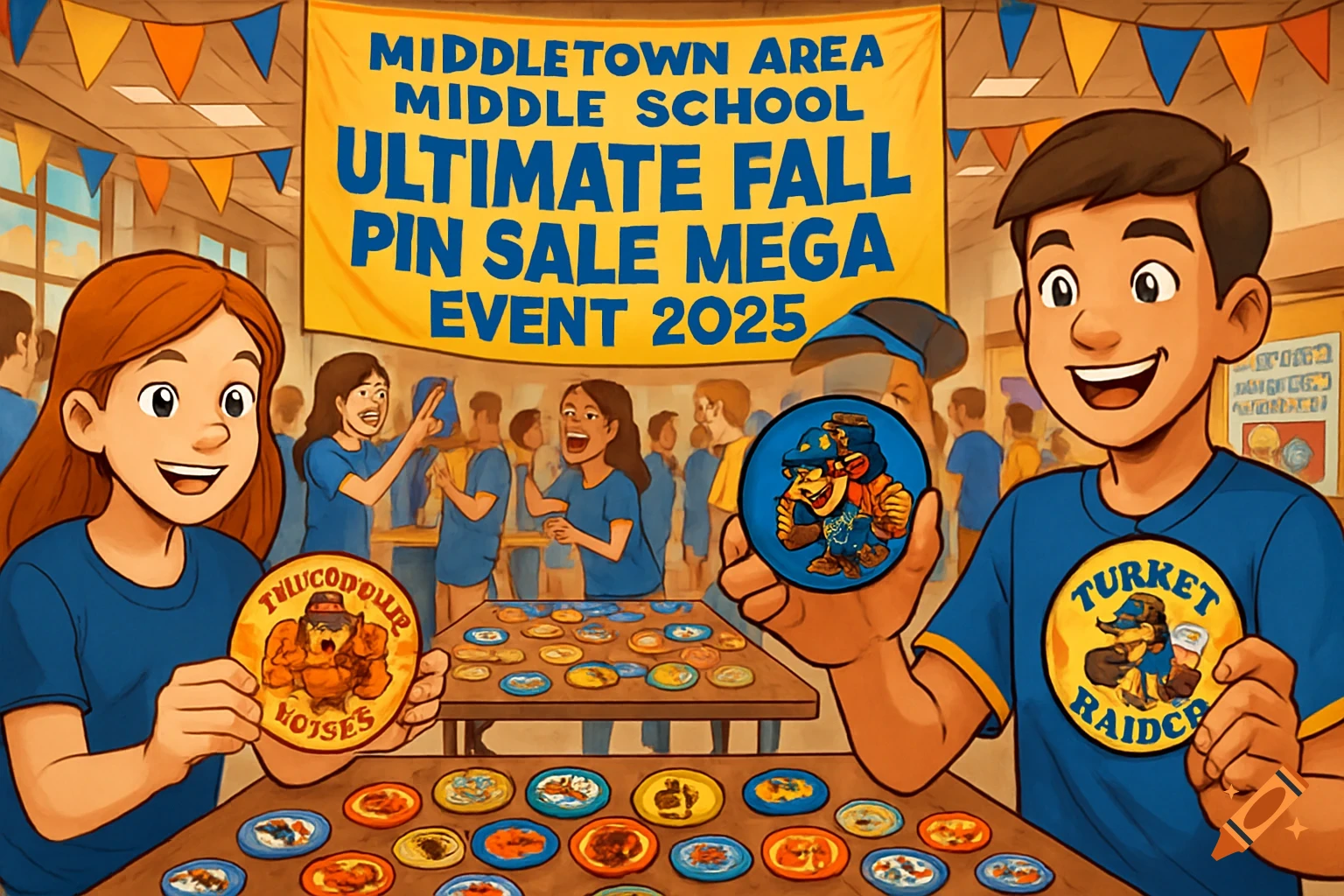 Two smiling cartoon students hold up custom pins at a Middletown Middle School Fall Pin Sale event. A large banner hangs in the background.