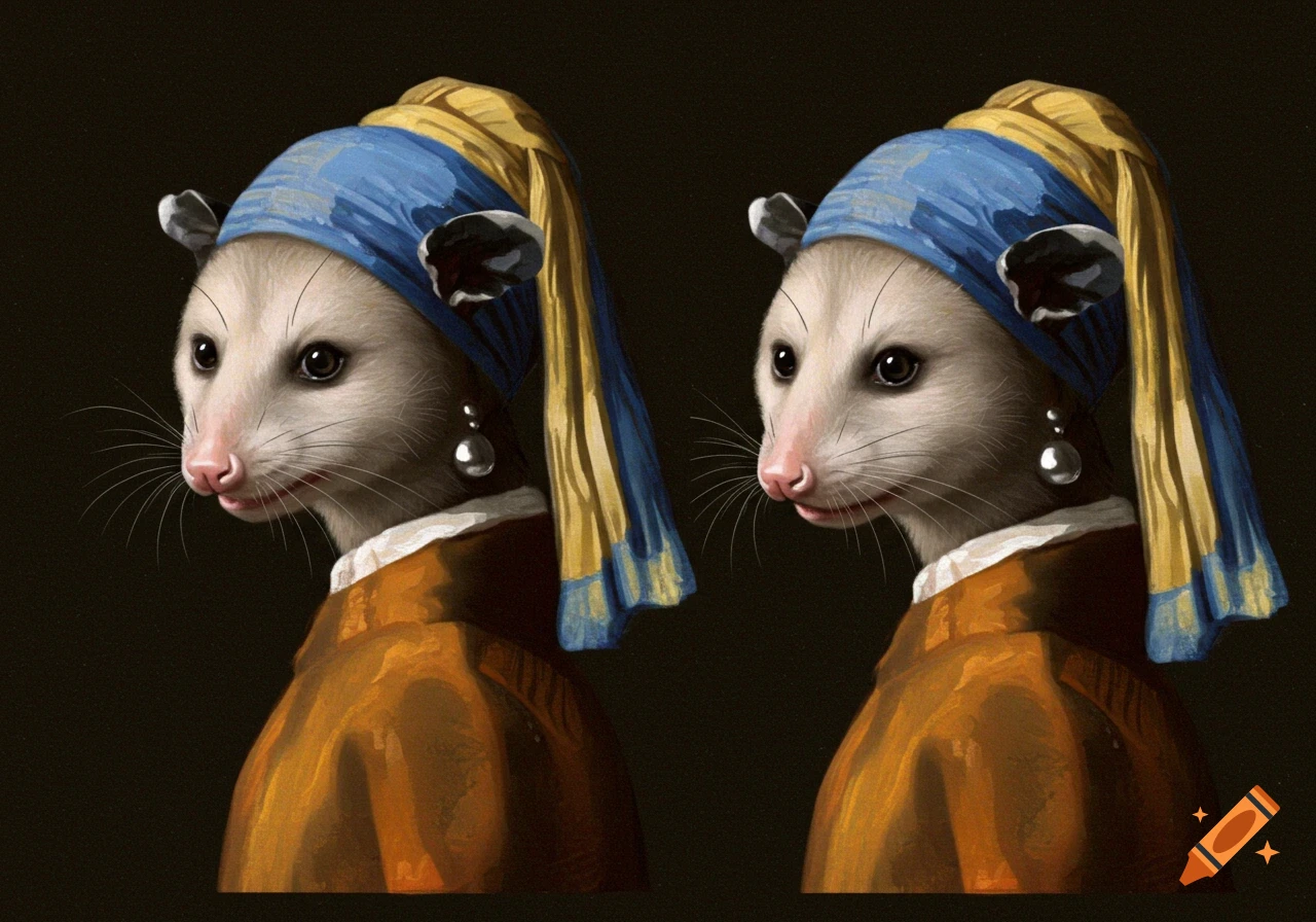 Two possums mimicking 'Girl with a Pearl Earring' in a painterly style, one with a neutral possum mouth and the other with a subtle human-like mouth.
