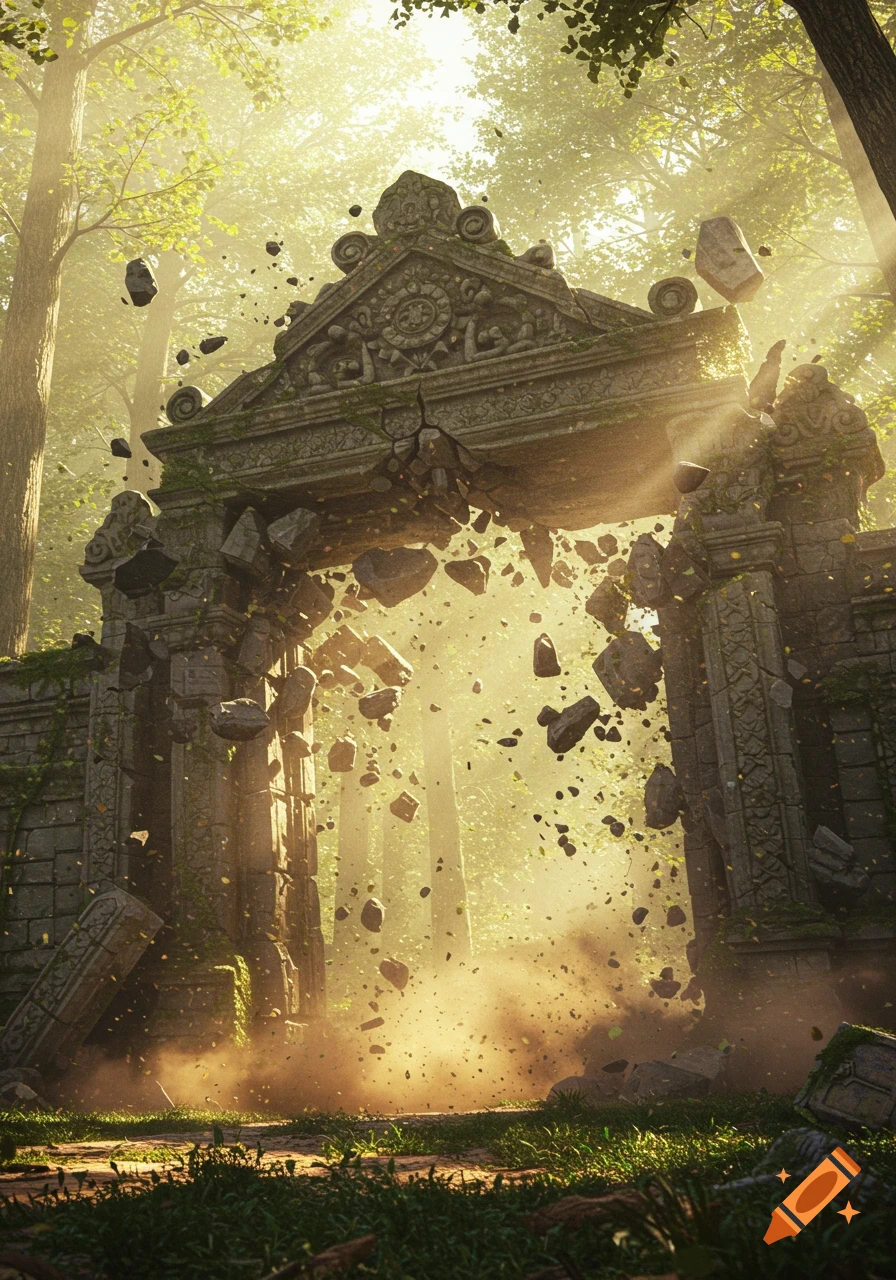 An ancient, ornate stone gate crumbling in a sunlit, misty forest, with debris and dust flying around it.