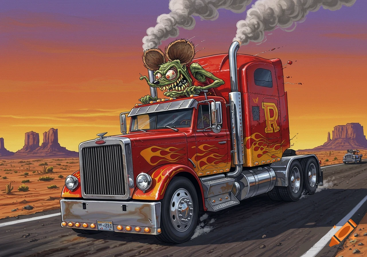 A red hot rod 18-wheeler truck with flame decals, driven by a green Rat Fink monster, speeds down a desert highway.