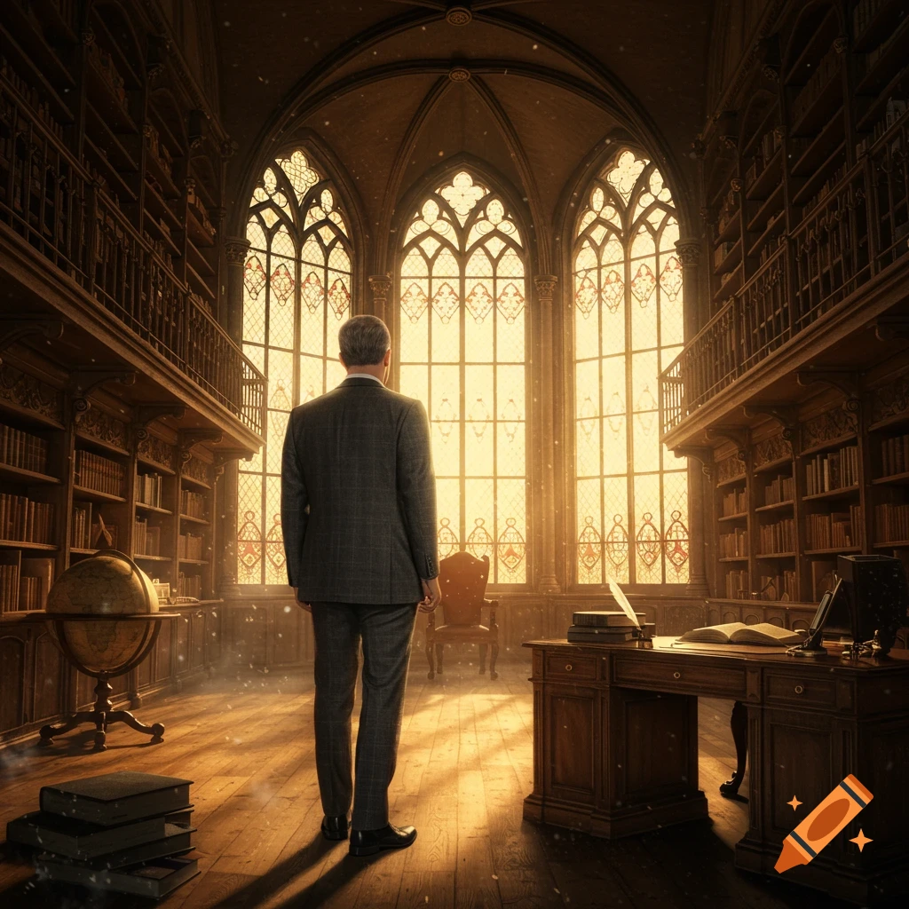 Man in a suit in an ornate library, facing large stained-glass windows glowing with golden light.