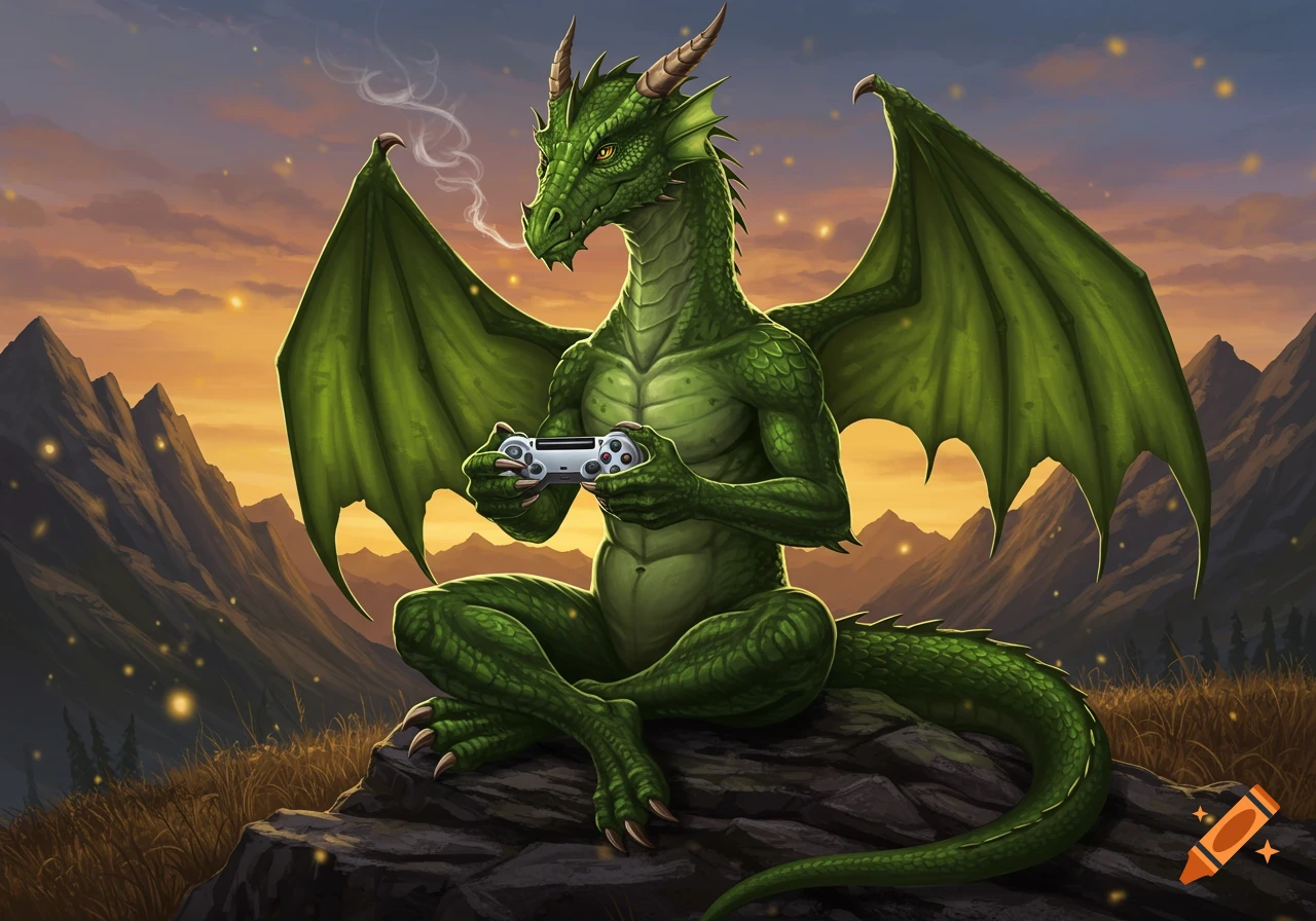 An emerald green dragon sits cross-legged on a rock, holding a white video game controller, overlooking mountains at sunset.