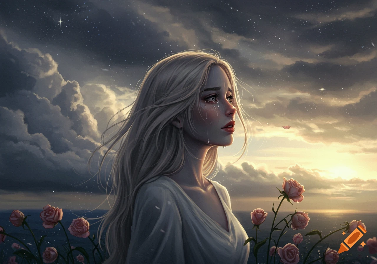 A digital painting of a blonde woman crying amidst roses under a starry, cloudy sky with a sunset horizon.