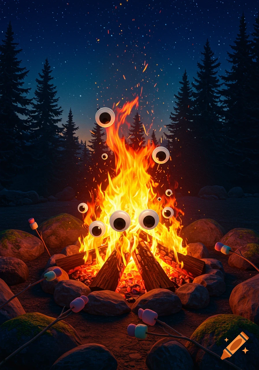 A stylized campfire scene at night with many googly eyes floating in the flames and marshmallows on sticks around the fire.