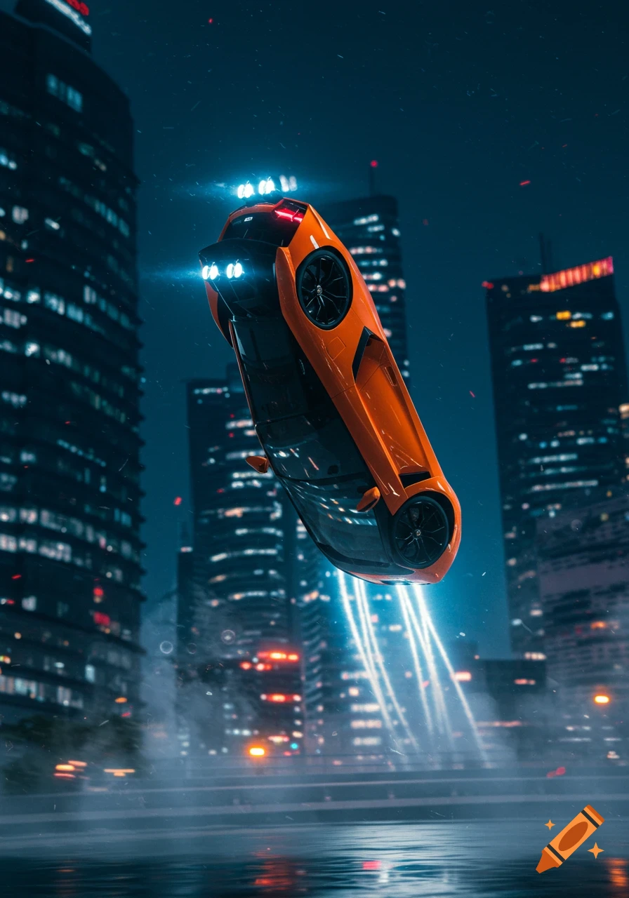 An orange futuristic Lamborghini flying upside down over a city at night, with light trails emanating from its underside and reflections on a wet surface.