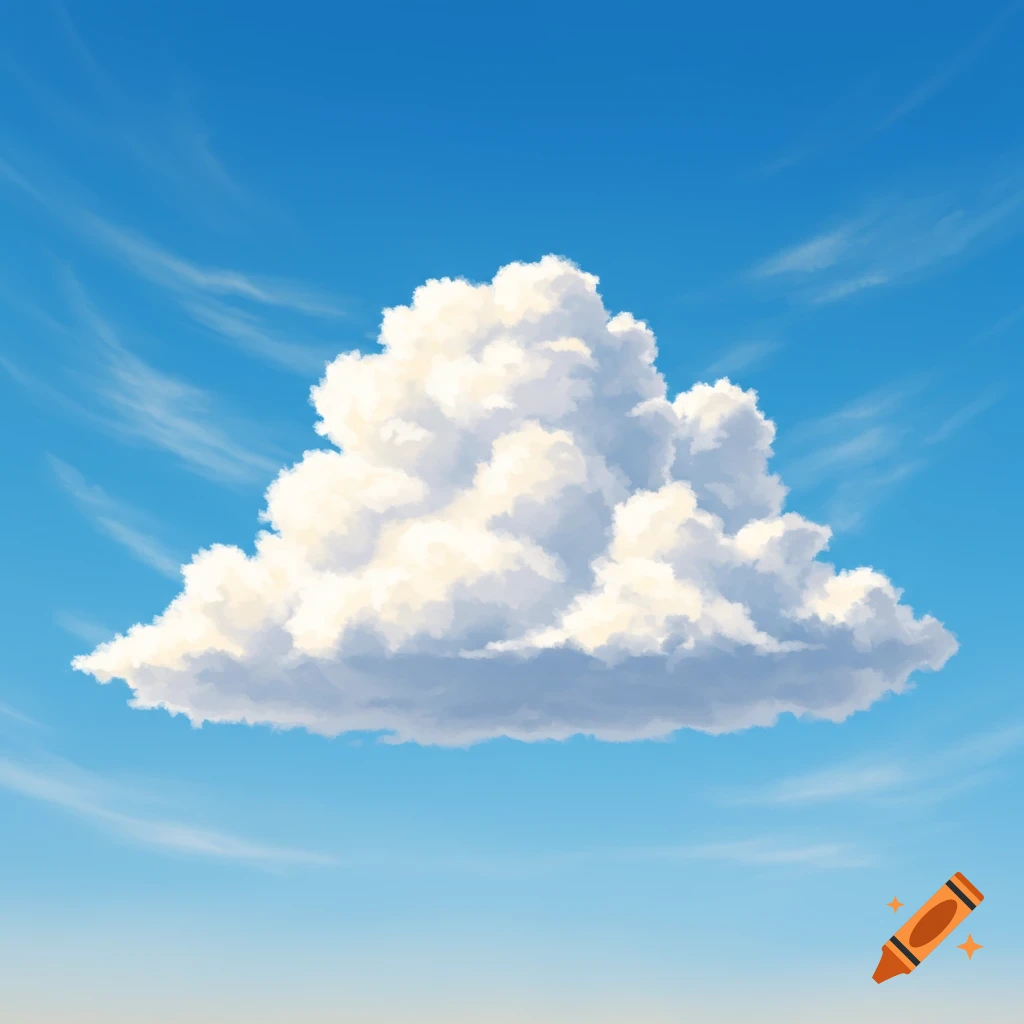 A fluffy white cumulus cloud against a vibrant blue sky with wispy clouds, in an illustration style.