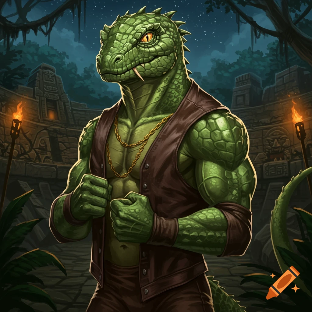 An anthropomorphic green lizardfolk wearing a brown vest and gold chain stands with clenched fists in front of ancient jungle ruins at night.