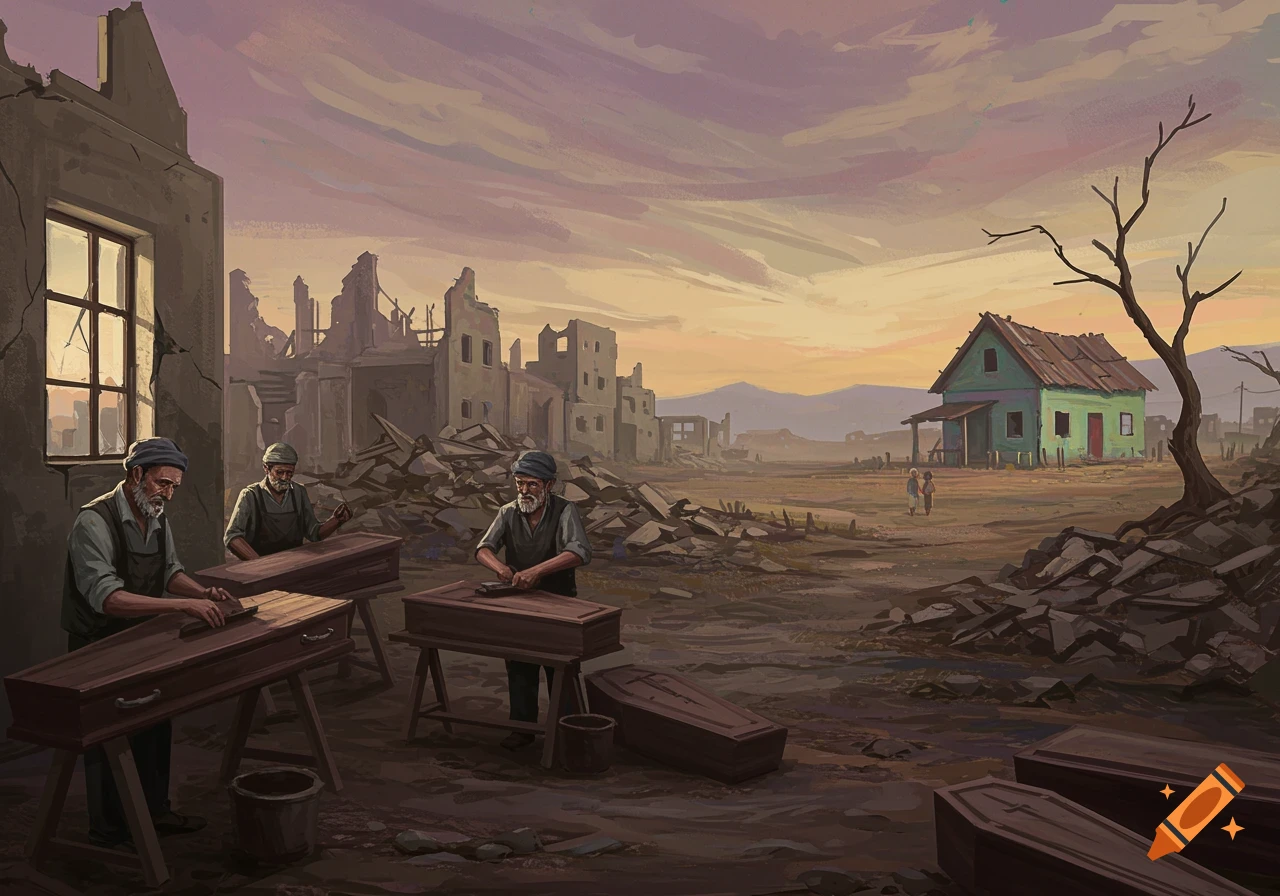 Illustration of three men building wooden coffins in a devastated, war-torn city landscape under a dramatic sky, with a lone green house in the distance.