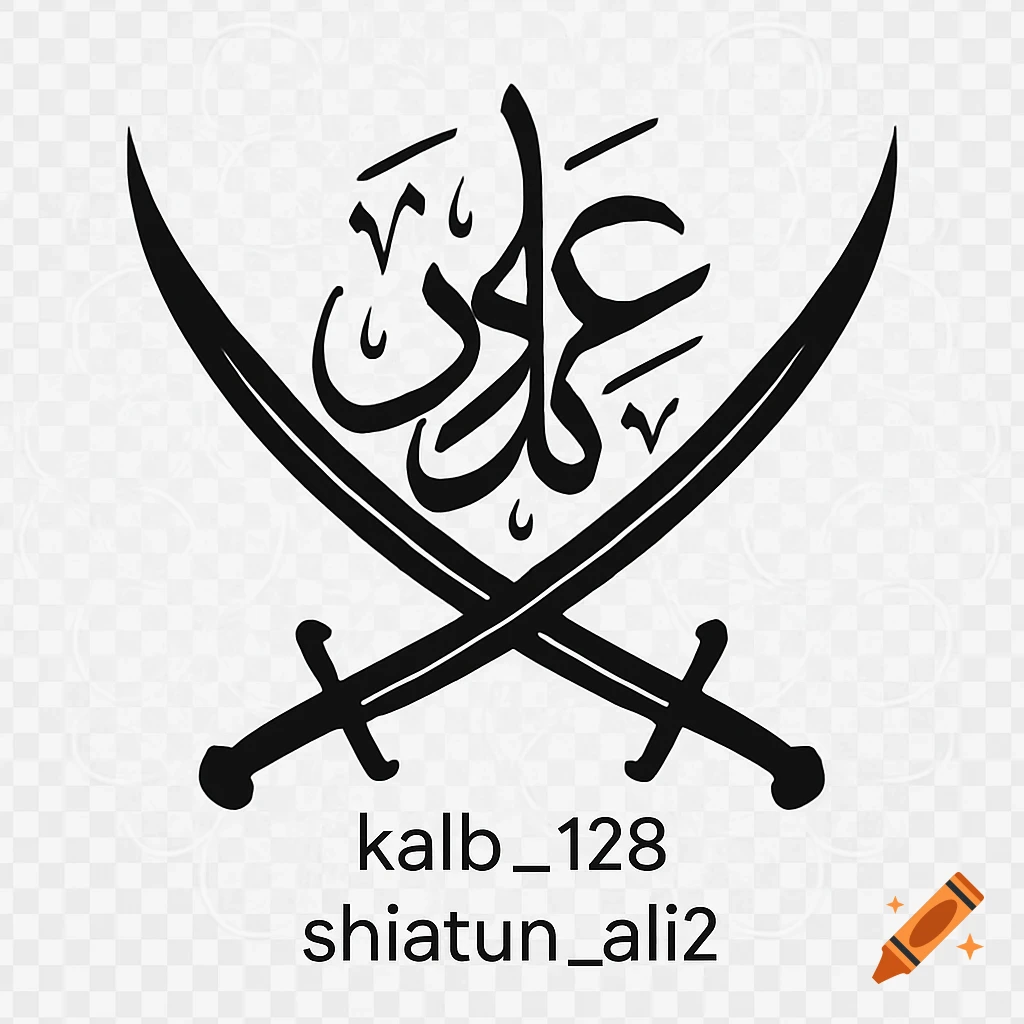 A black logo featuring two crossed sabers with ornate Arabic calligraphy above them. Below the sabers, the text "kalb_128" and "shiatun_ali2" is written in black. The background is a transparent pattern.
