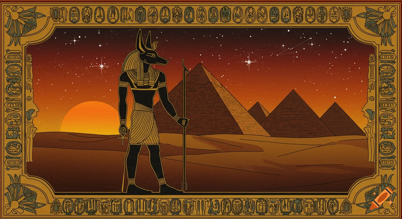Anubis stands in profile before pyramids at sunset, surrounded by an Egyptian-style border with hieroglyphs and ankh symbols.