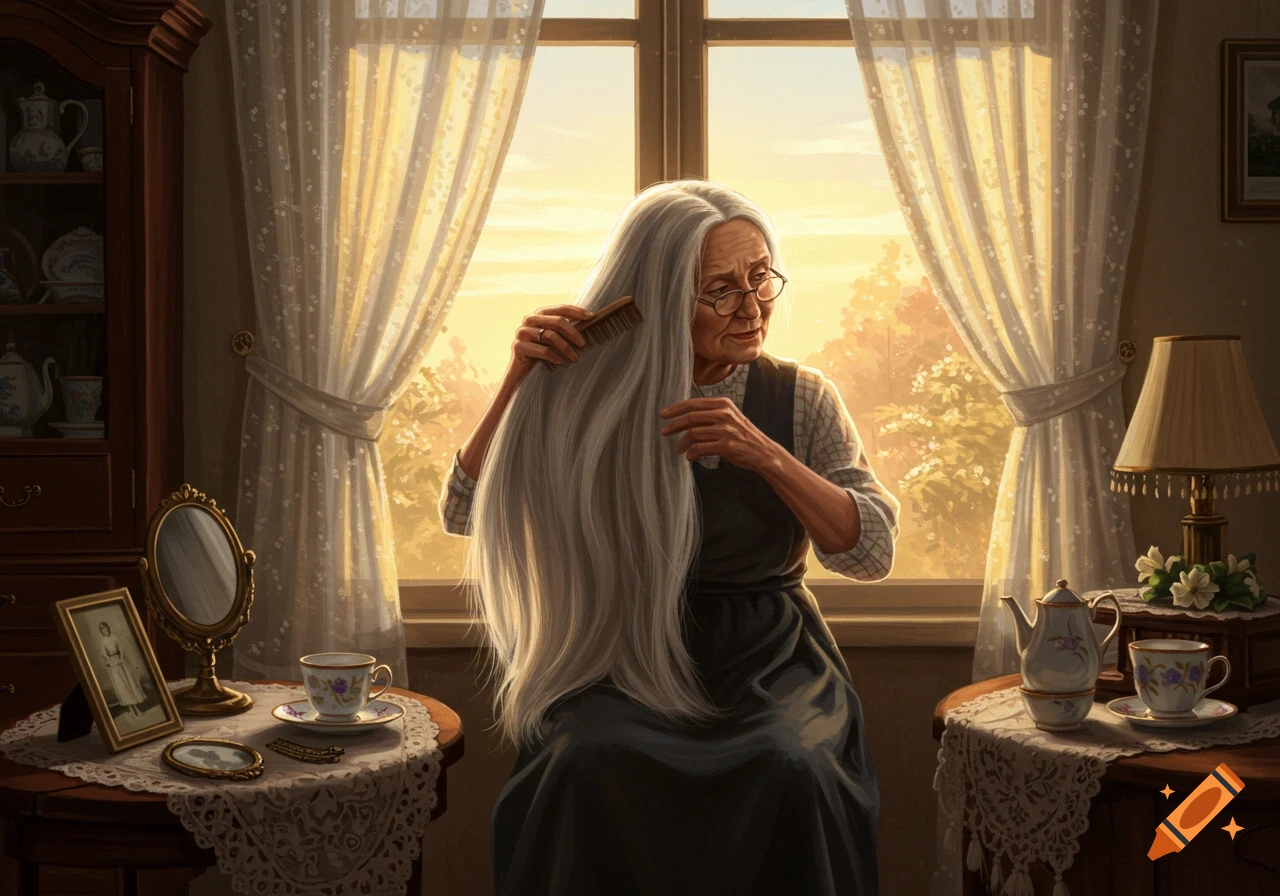 An old woman with long white hair combs it in a warm, sunlit room with vintage decor.