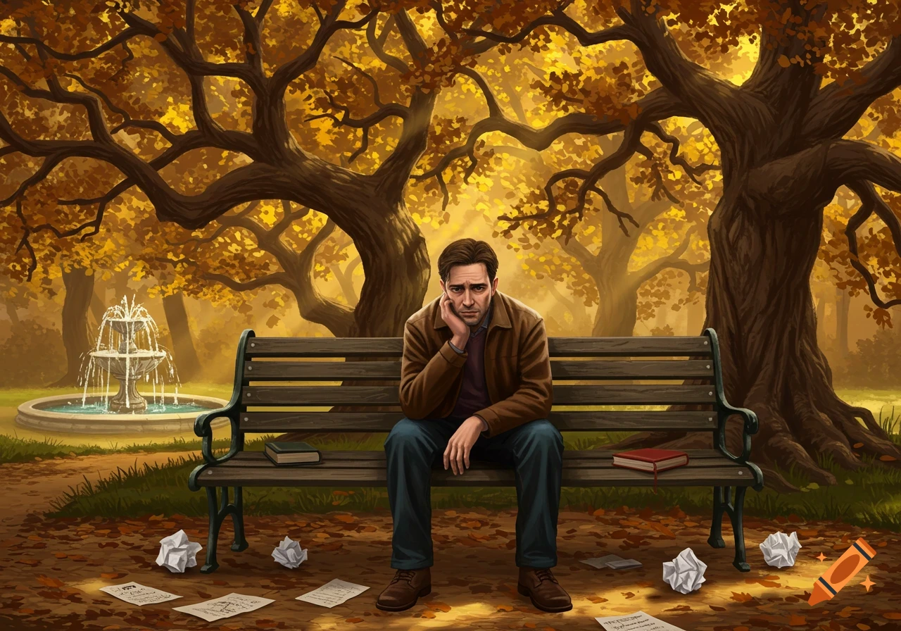 Illustration of a sad man in a brown jacket sitting on a park bench surrounded by crumpled papers under golden autumn trees.