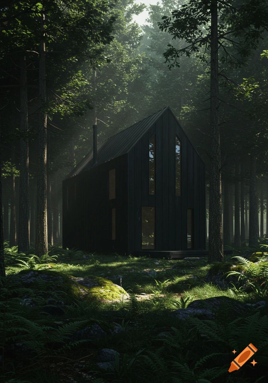 A dark, modern two-story cabin with tall windows and a sloped roof, nestled in a misty, sunlit forest with ferns and tall trees.
