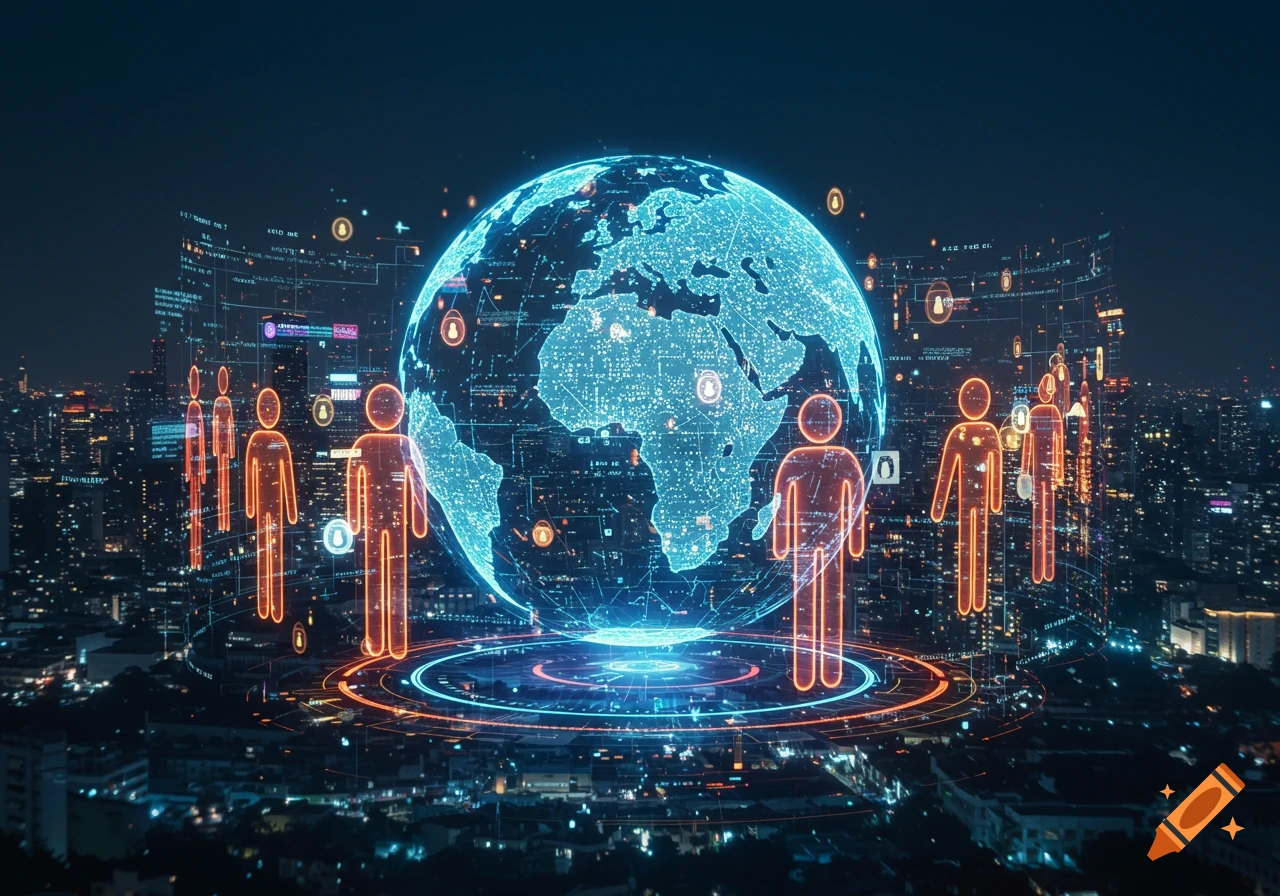Glowing blue digital globe with network lines over a futuristic city at night, surrounded by orange human-shaped data figures.