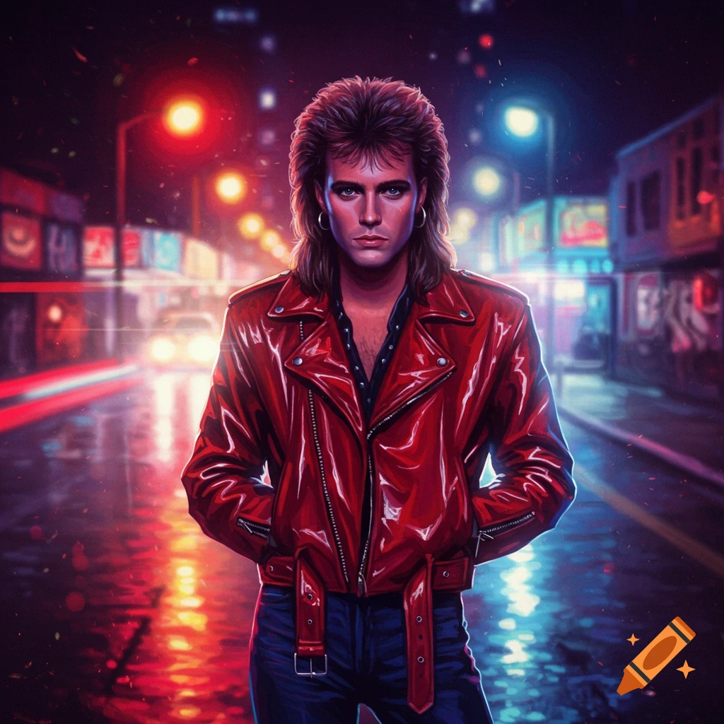 A man with a mullet in a red leather jacket stands on a wet, neon-lit city street at night.
