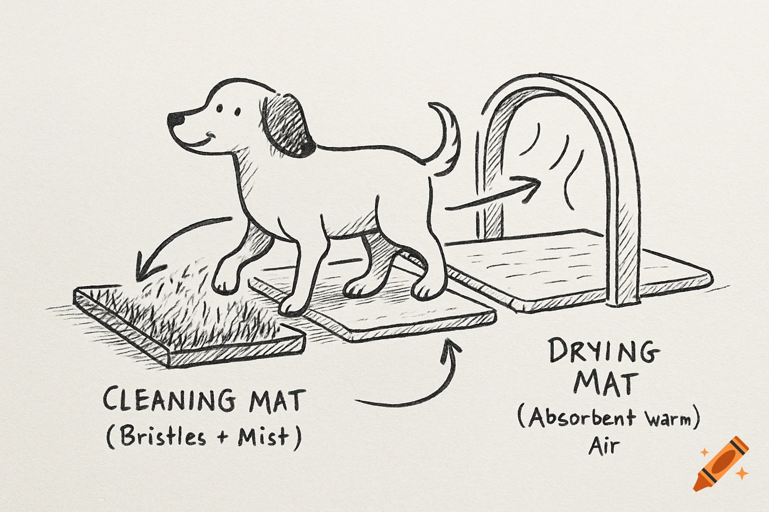 A hand-drawn sketch of a dog walking through a two-part paw cleaning device, labeled 'Cleaning Mat' and 'Drying Mat'.
