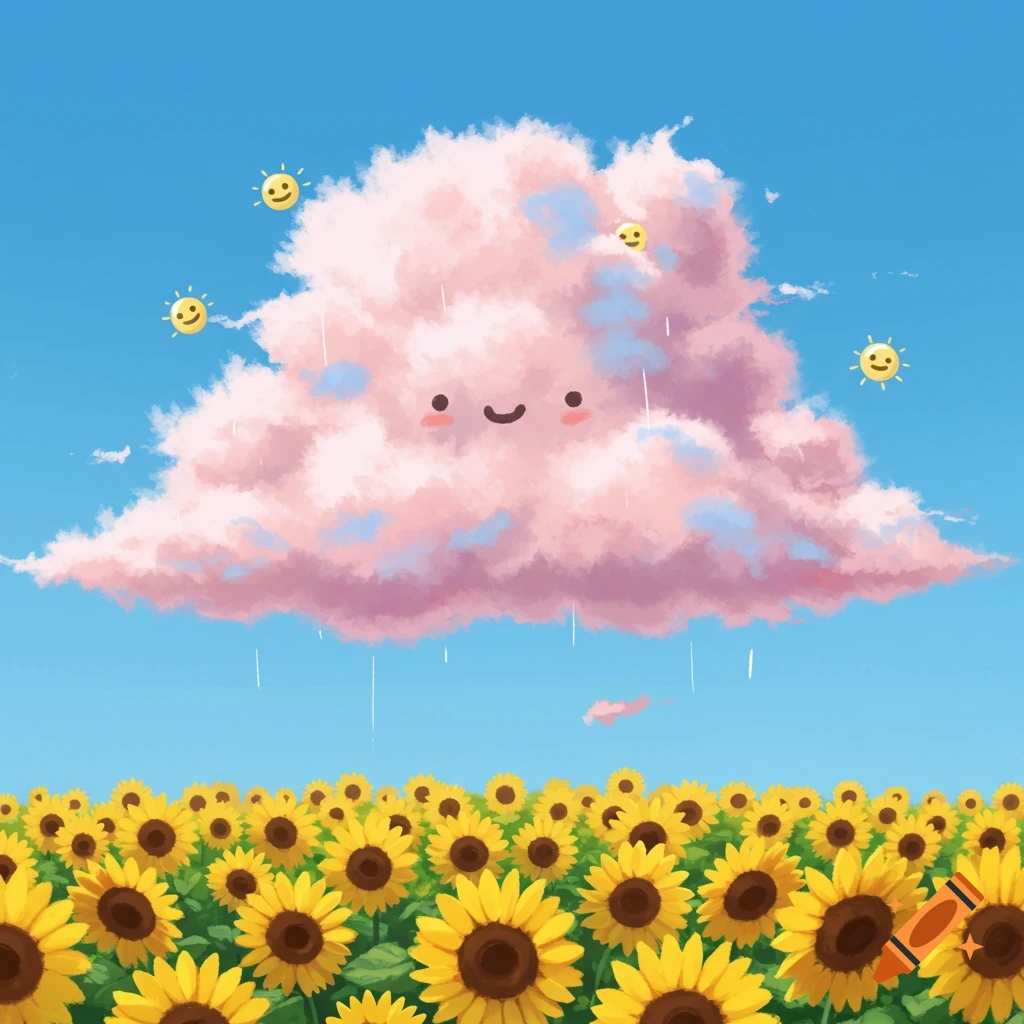 A cute, smiling pink cloud rains over a field of sunflowers under a bright blue sky, with small cartoon suns floating around.