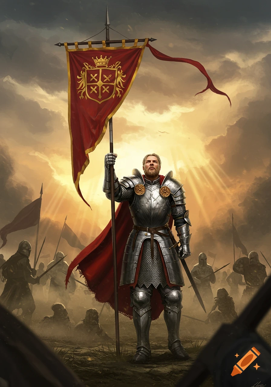 A medieval knight in shining armor holds a red banner with a golden crest, standing before a hazy battle scene at sunset.