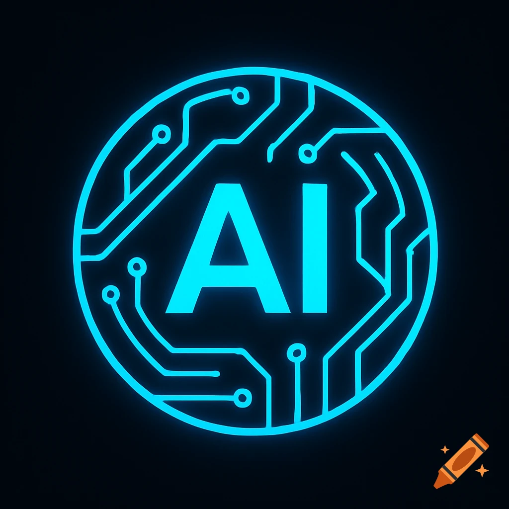 A futuristic, circular neon blue AI logo with glowing circuit board patterns on a dark background.