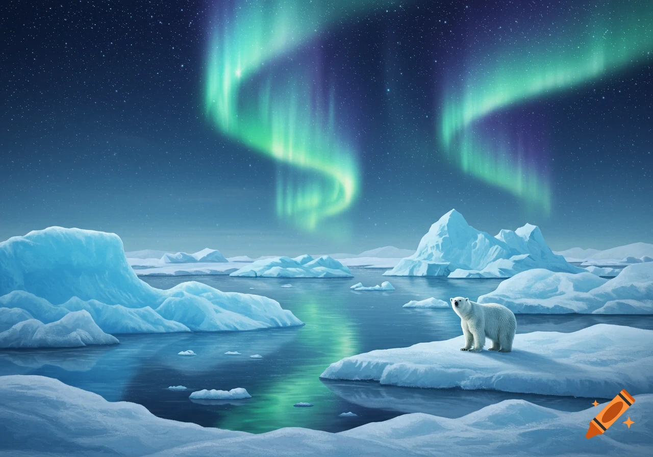 A photorealistic image of a polar bear standing on an iceberg in a serene arctic landscape under a vibrant green aurora borealis.