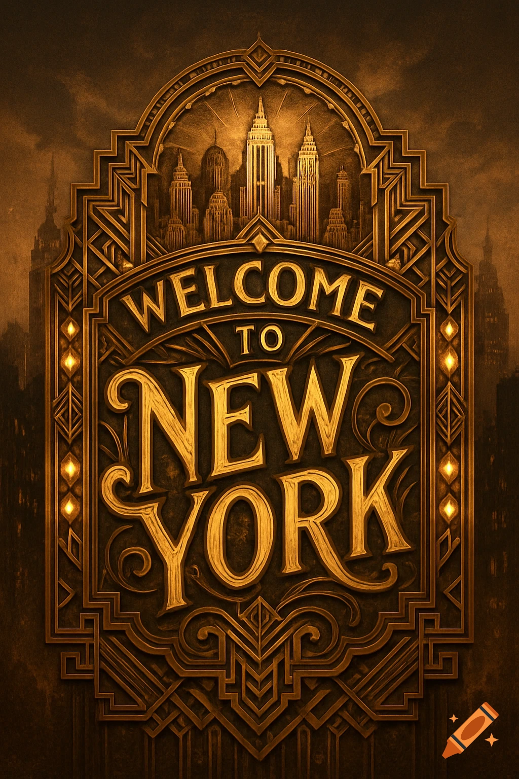 Ornate gold Art Deco style 'WELCOME TO NEW YORK' sign with a cityscape background.