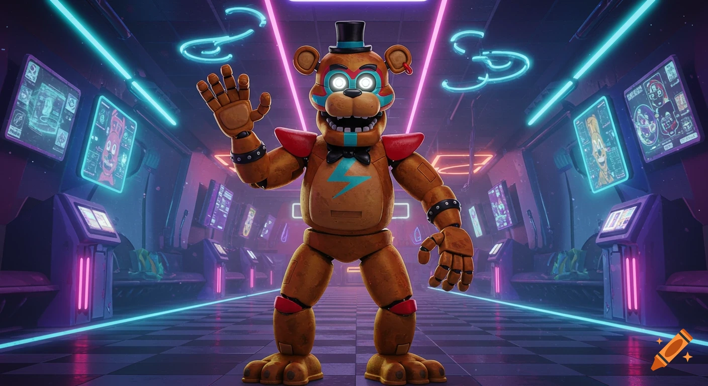 A brown animatronic bear in a top hat and bowtie waves in a neon-lit futuristic arcade or game lobby with glowing screens.