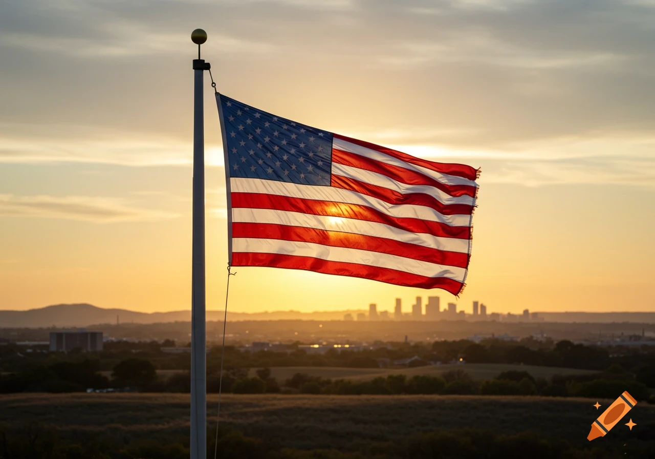 The American flag waves against a vibrant sunset sky with a distant city skyline and rolling hills in the background.