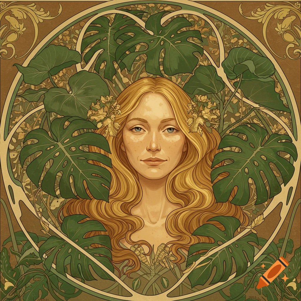 Art Nouveau portrait of a blond woman surrounded by large green monstera leaves and ornate decorative patterns.