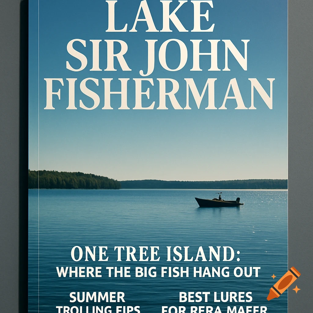 Magazine cover for "Lake Sir John Fisherman" featuring a serene lake with a small boat and forested shore under a clear sky.