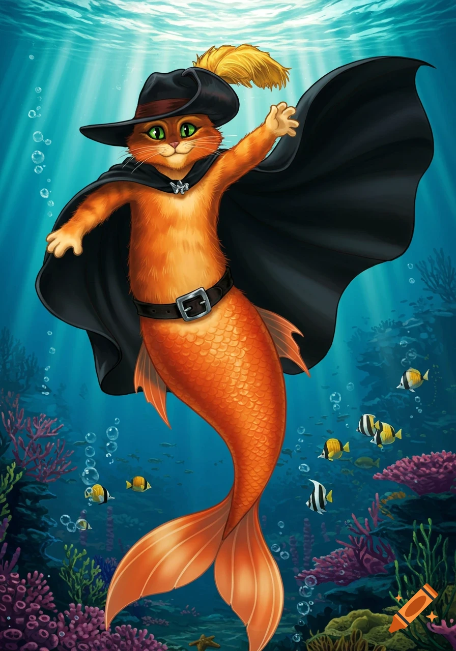 Puss in Boots as a mermaid with an orange tail, black cape, and hat, swimming underwater.