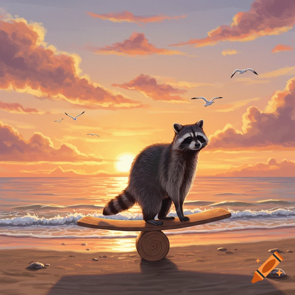 A peaceful raccoon stands on a wooden balance board on a sandy beach at sunset, with seagulls flying over the ocean.