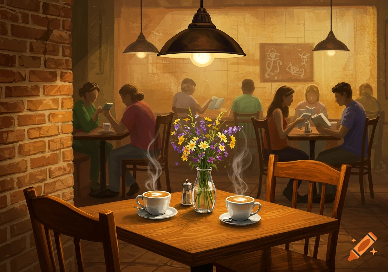 A warm, painterly illustration of a bustling cafe with patrons reading and drinking coffee. A vase of wildflowers sits on a foreground table with two steaming coffee cups.