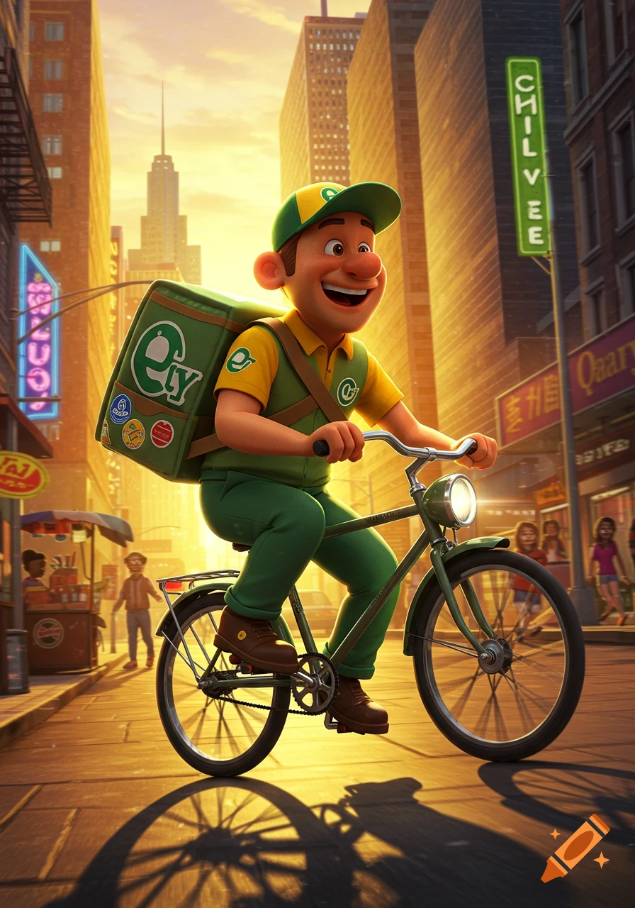 A happy cartoon delivery man in green and yellow rides a bicycle through a sunny city street.