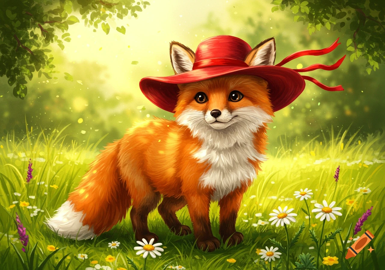 A cute, fluffy orange fox wearing a red hat stands in a vibrant green meadow with white and purple flowers, in an illustrative style.