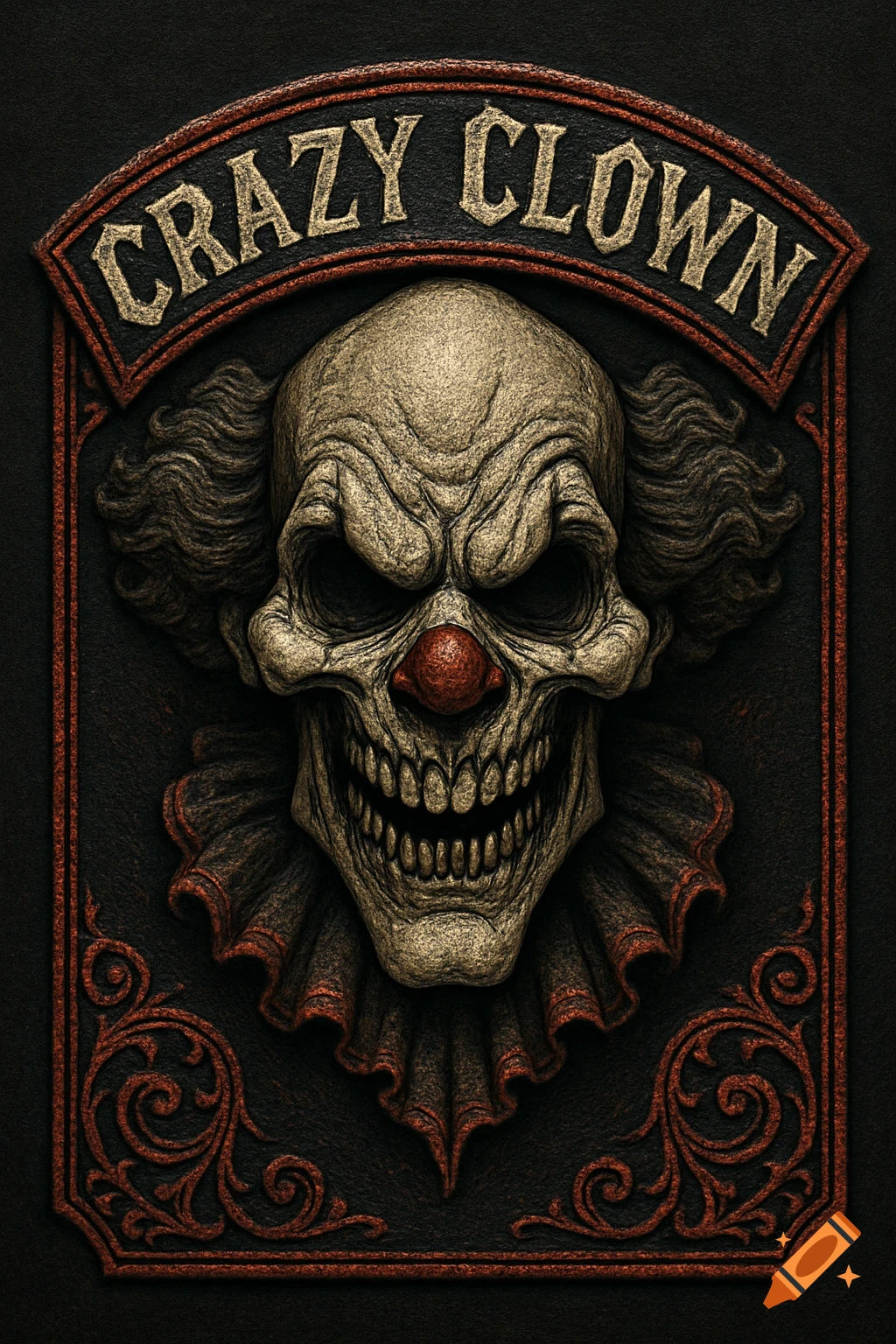 Stylized, textured image of a creepy clown skull with a red nose and wide grin, wearing a ruffled collar, set in an ornate dark frame with 'CRAZY CLOWN' text above.