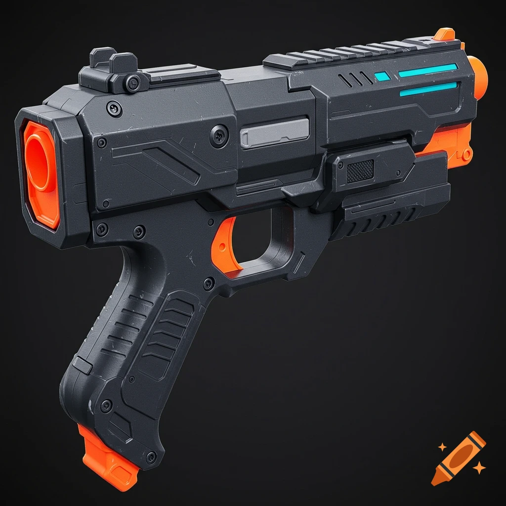 A close-up of a futuristic toy blaster, dark grey with prominent neon orange accents on the barrel and trigger, and blue light details.