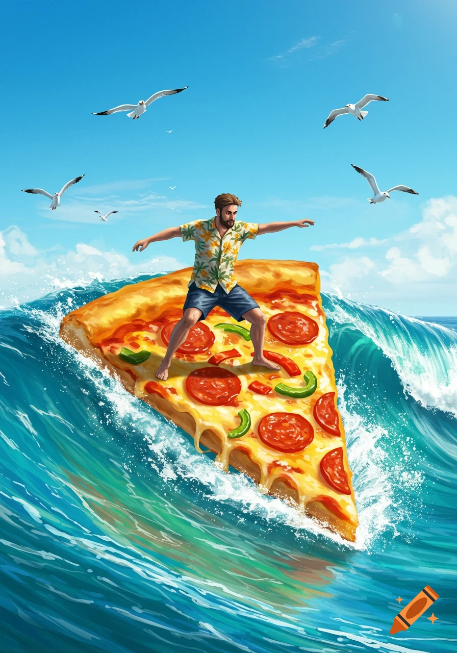 Illustrated man surfing on a giant pizza slice amidst ocean waves and seagulls under a blue sky.