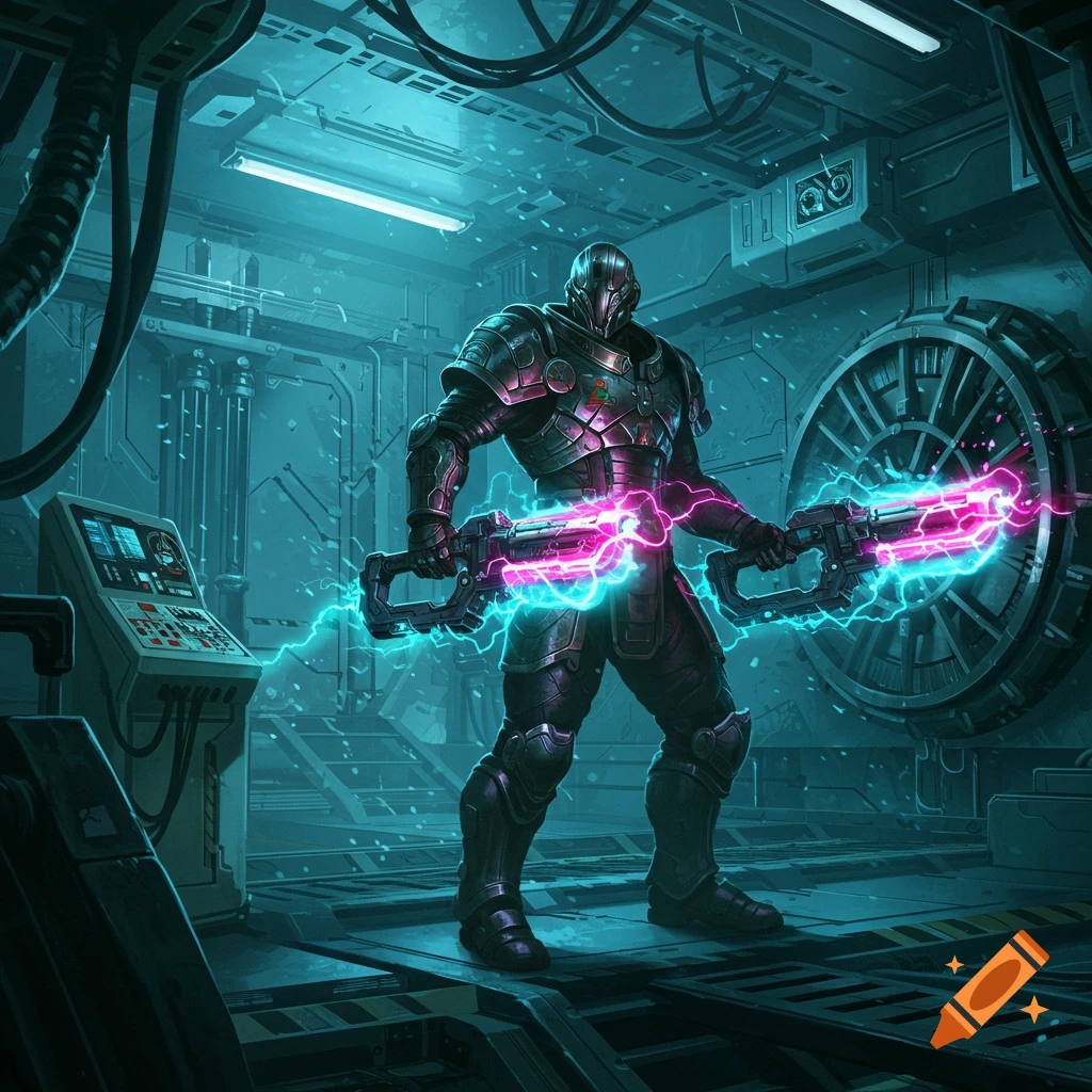 A futuristic warrior in dark power armor holds two glowing pink and blue energy weapons in a dimly lit, high-tech metallic chamber.