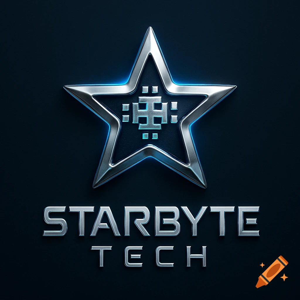 A metallic silver star logo with a pixelated pattern and blue glow, above the words STARBYTE TECH in metallic silver.