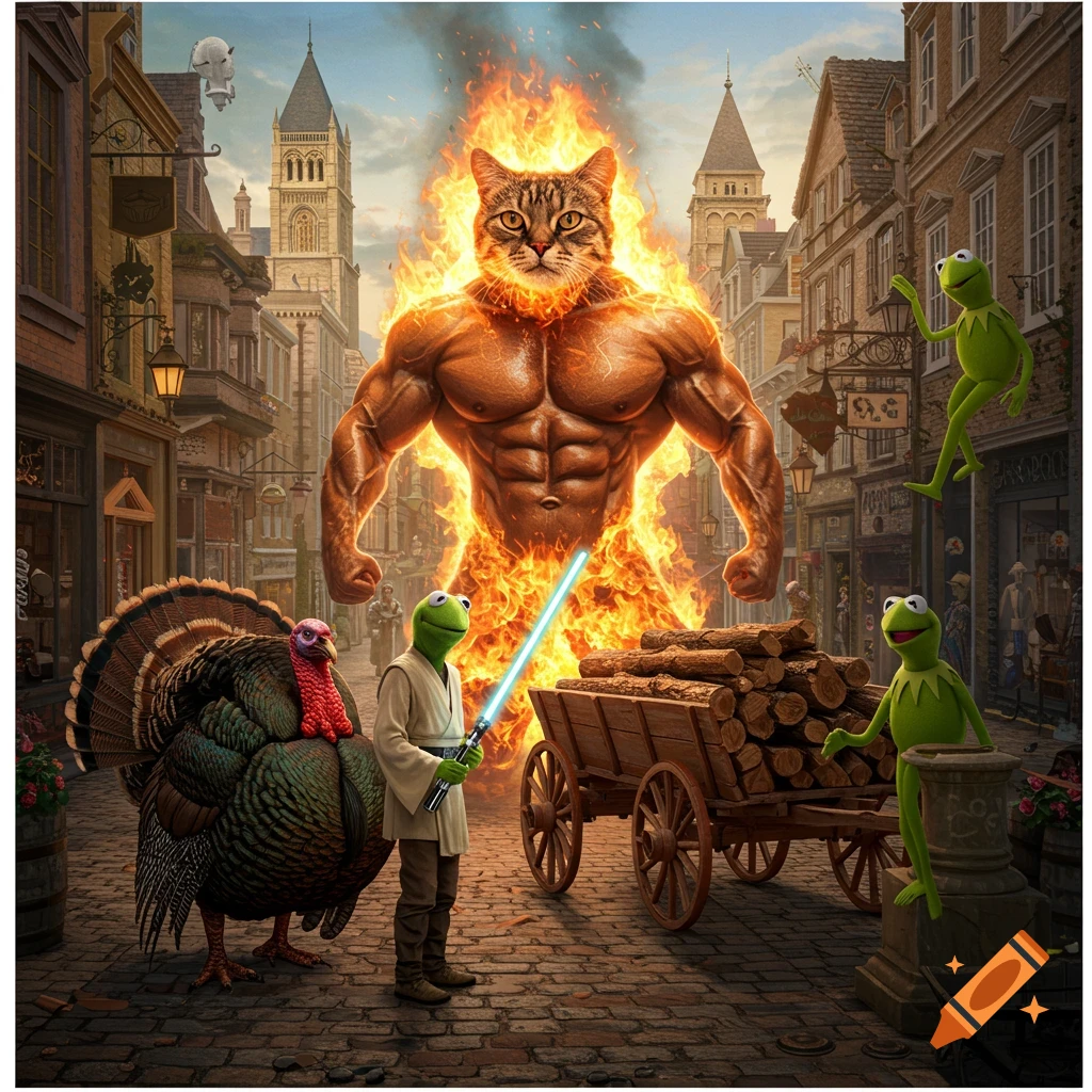 A muscular, fiery cat stands on a cobblestone street with a Jedi Kermit holding a lightsaber, a turkey, and Kermit frogs, with European buildings in the background.