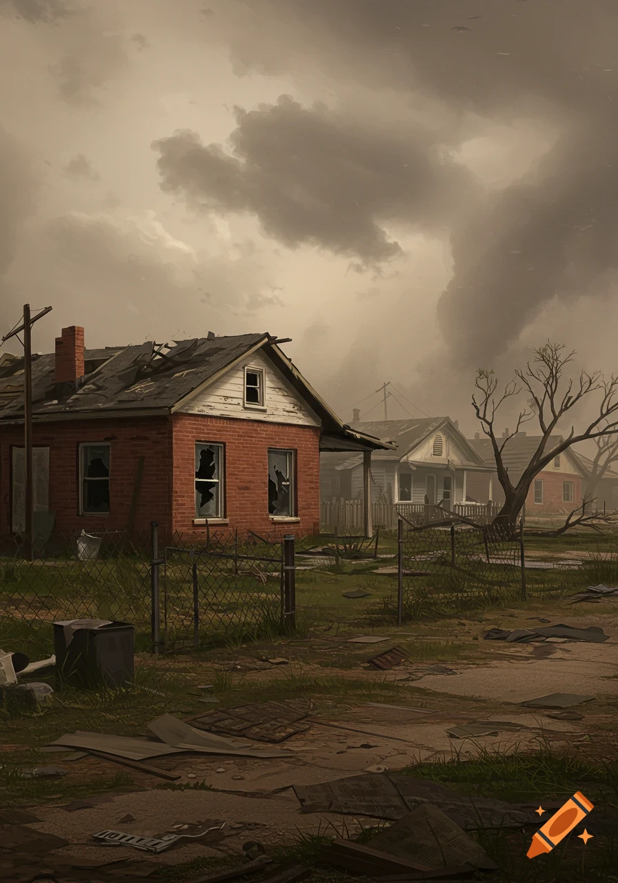 Digital painting of storm-damaged houses with broken windows and debris under a dark, cloudy sky.
