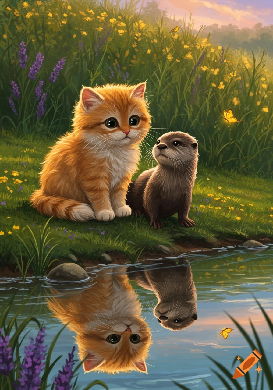 A cute orange kitten and a small otter sit by a pond, reflected in the water, surrounded by wildflowers.
