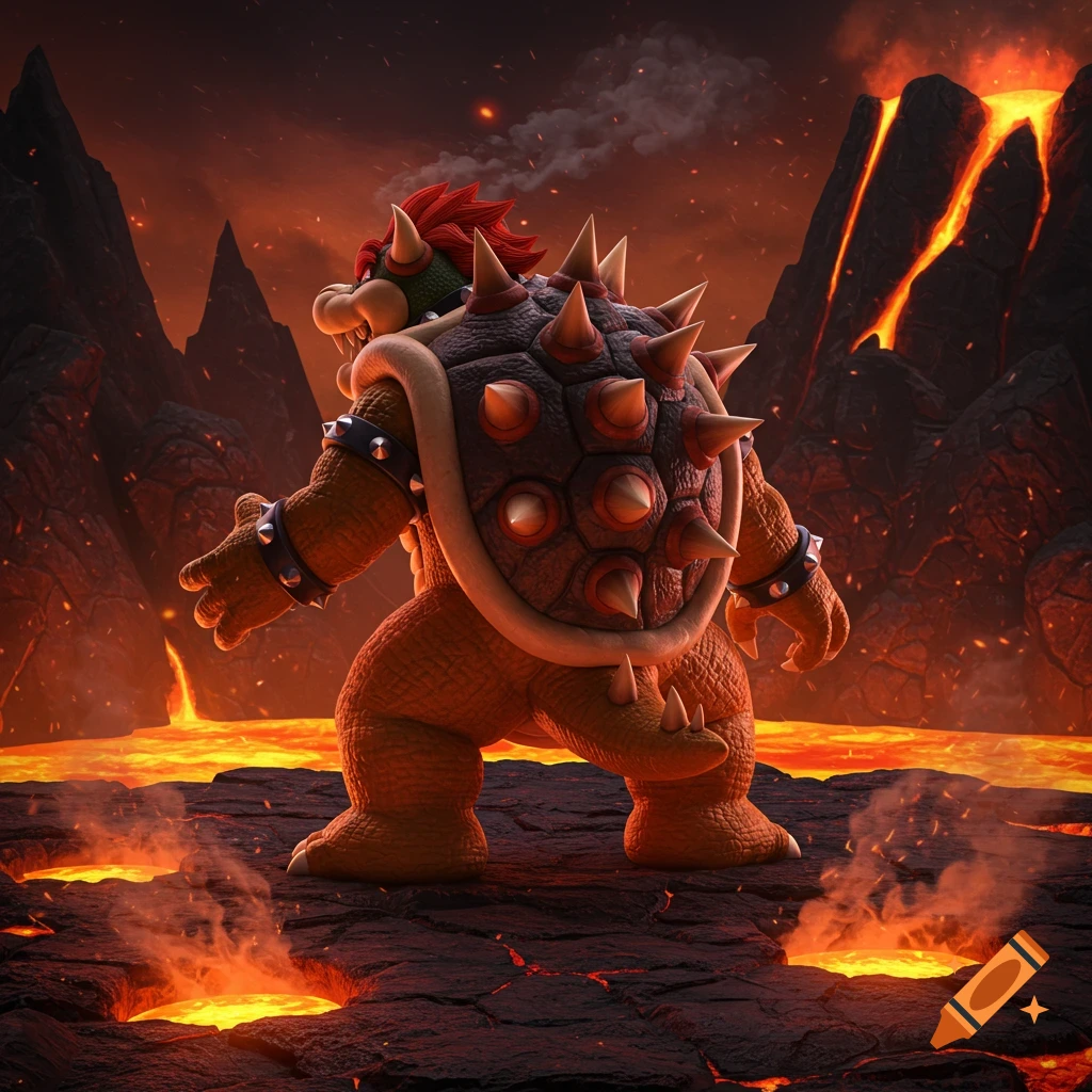 Bowser, a large spiked turtle-like creature, stands with his back to the viewer in a volcanic landscape with flowing lava.