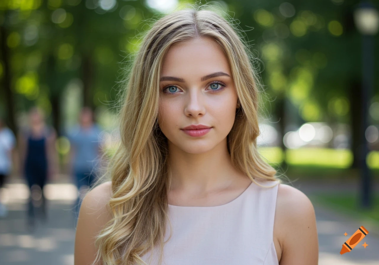 Photorealistic portrait of a young blonde woman with blue eyes looking forward in a park.