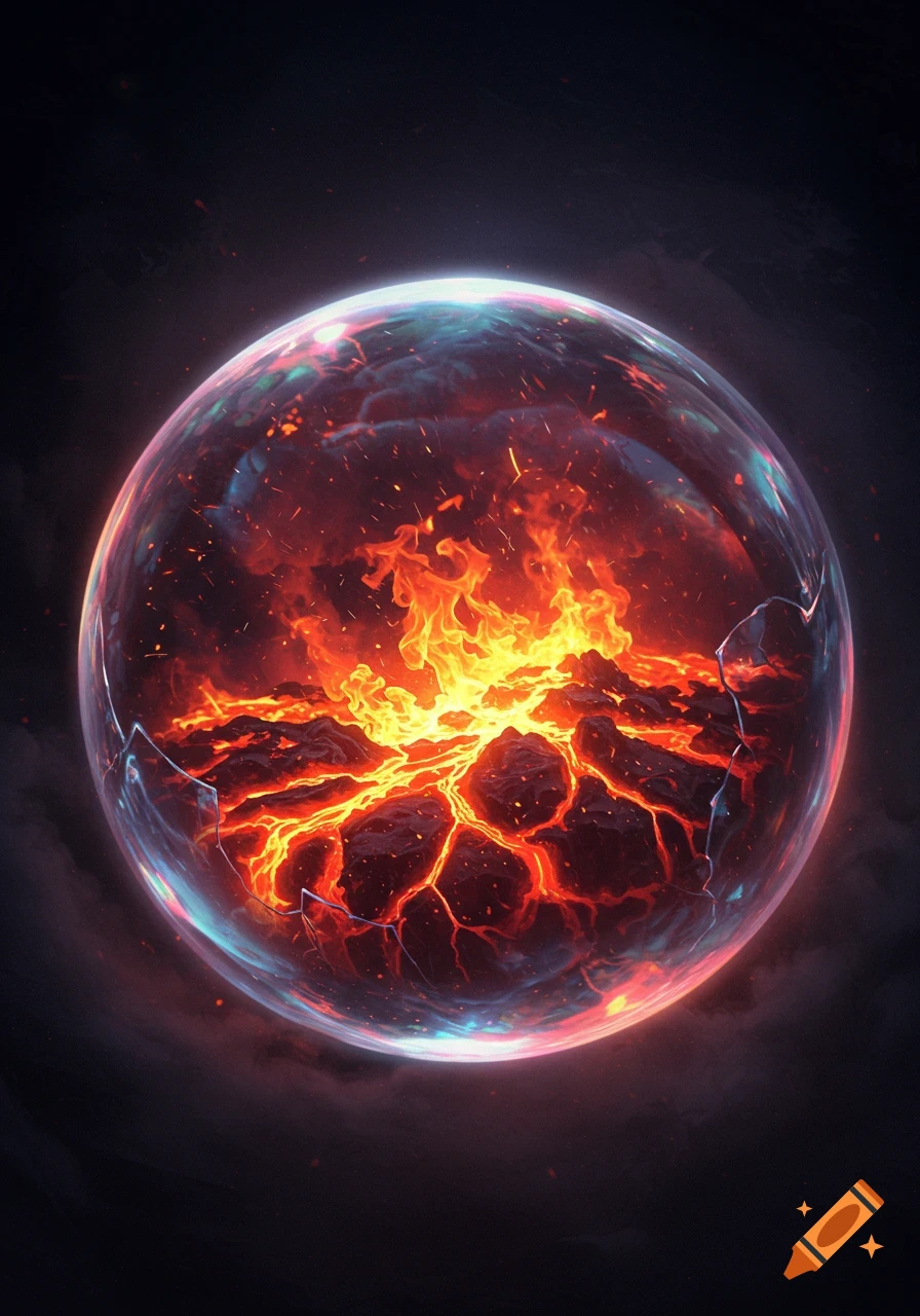 A glowing, cracked sphere filled with molten lava and fire, floating in a dark, cloudy space.