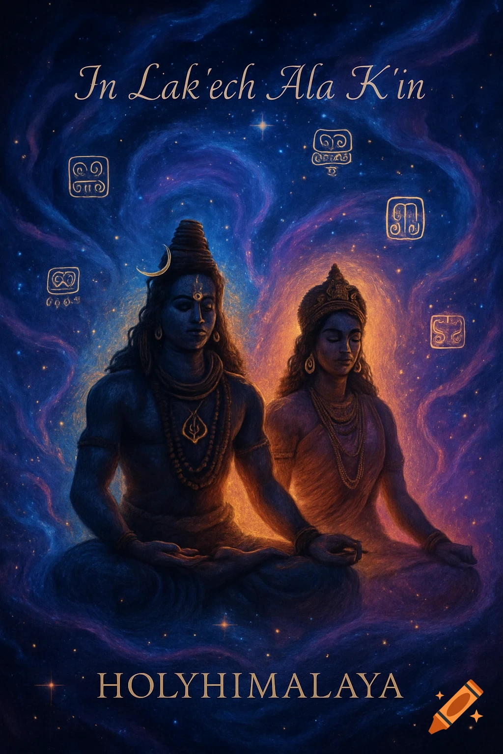 Blue-skinned Shiva and Parvati meditate in a vibrant cosmic nebula with swirling blues, purples, and golden light, surrounded by Mayan symbols.