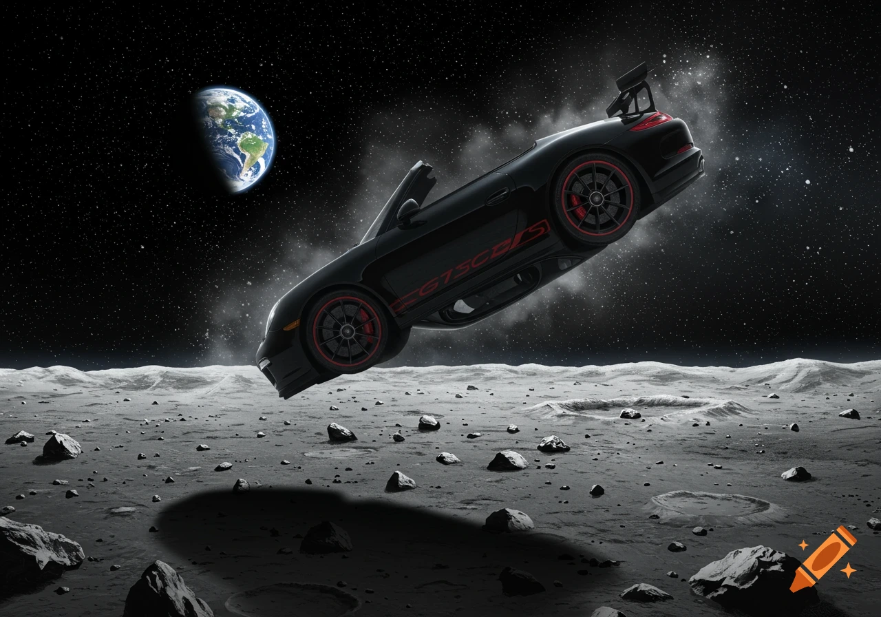 A black sports car with red rims and 'GT3SCBS' on its side floats upside down above the moon's cratered surface, with Earth in the dark starry sky.
