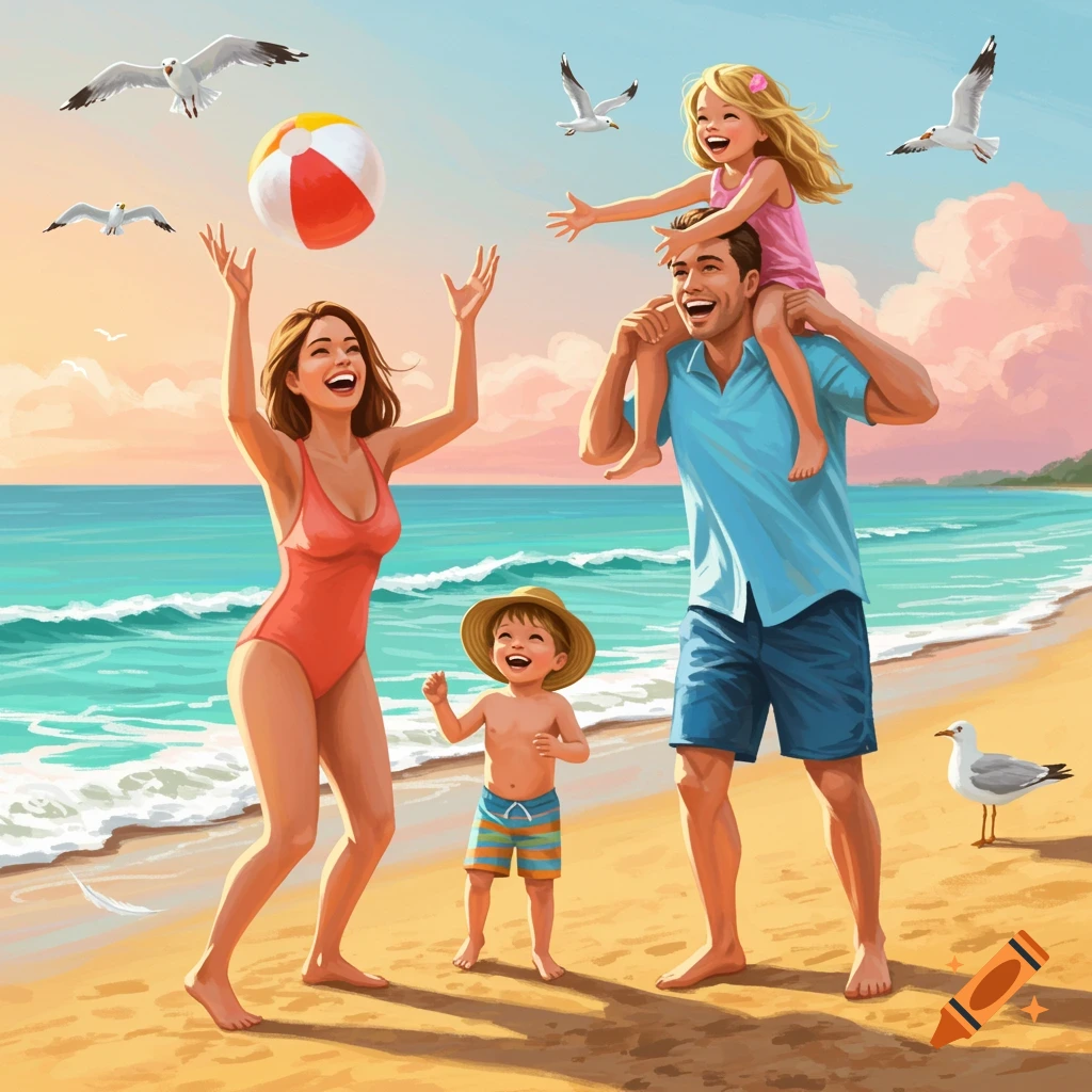 A smiling family of four on a sunny beach. The mother throws a beach ball, father carries a girl on his shoulders, and a boy laughs.