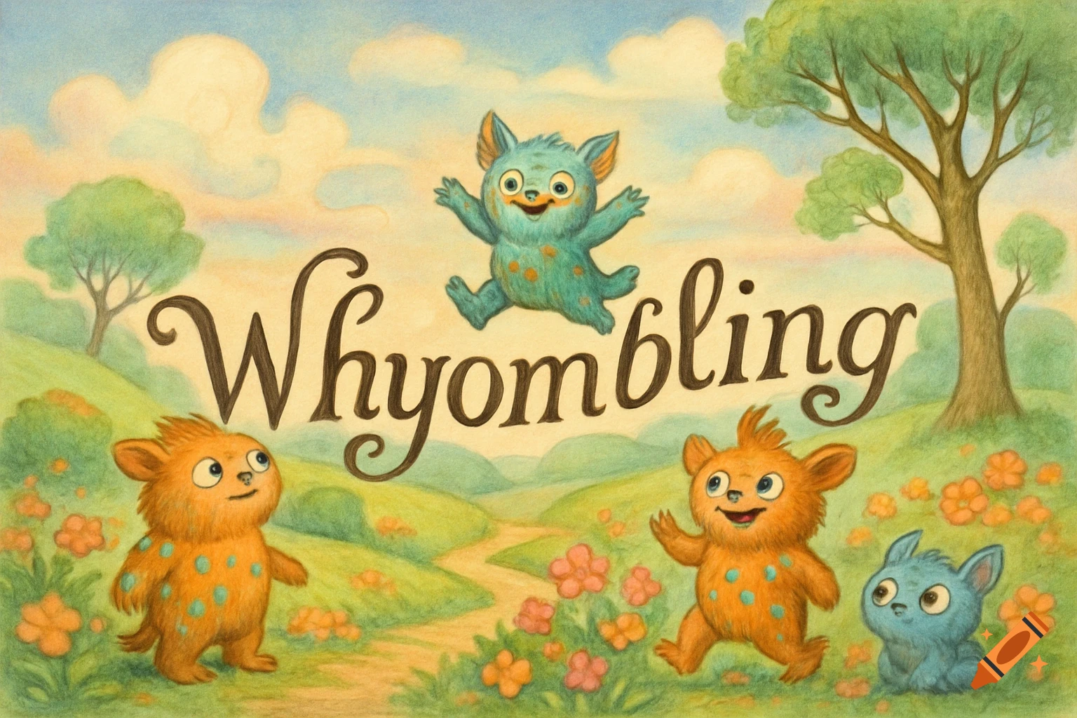 Four colorful, fluffy, whimsical creatures in a pastel landscape with the word 'Whyombling' floating above them, in a children's book illustration style.