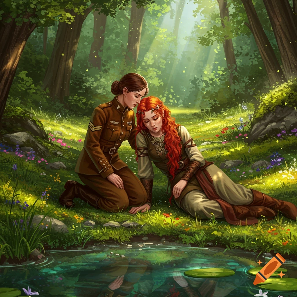 A woman in a British army uniform kneels beside a red-haired woman in medieval clothes, resting by a pond in a sunlit forest.